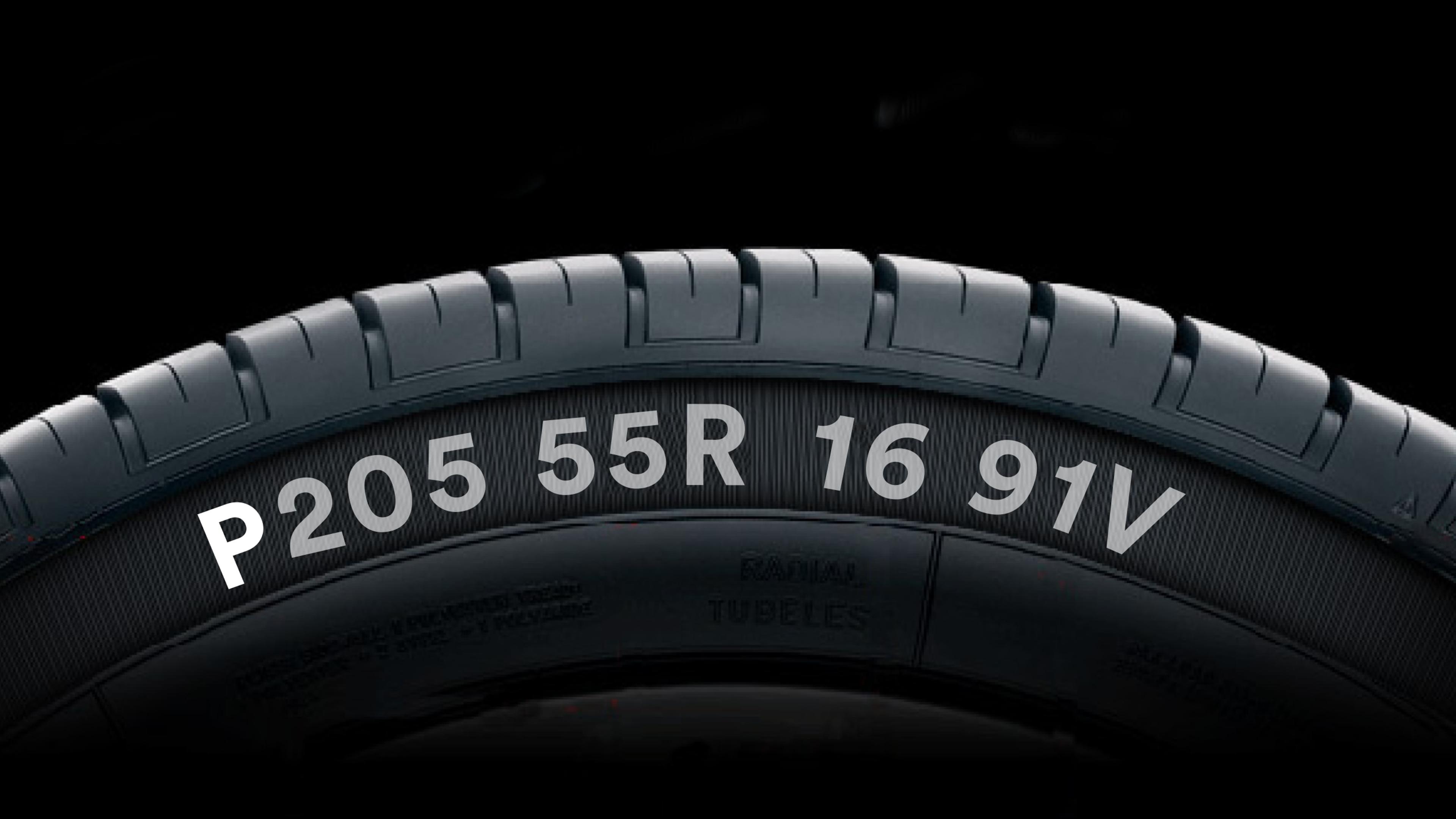 Tire size on a tire sidewall with a highlighted P